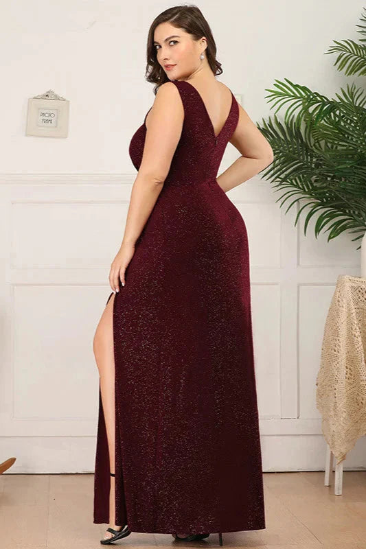 Shinning V-Neck Sleeveless Plus Size Prom Dress Long Evening Gowns With Split