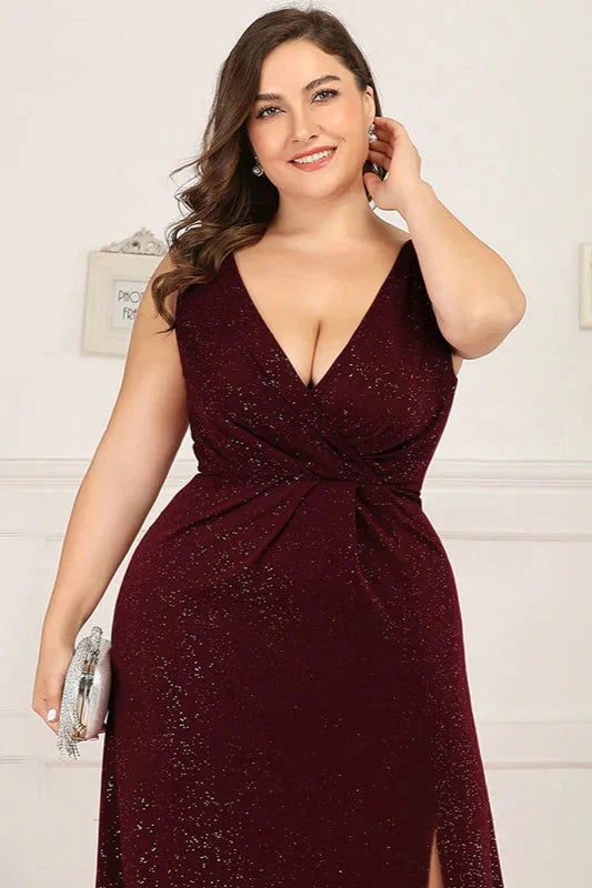 Shinning V-Neck Sleeveless Plus Size Prom Dress Long Evening Gowns With Split