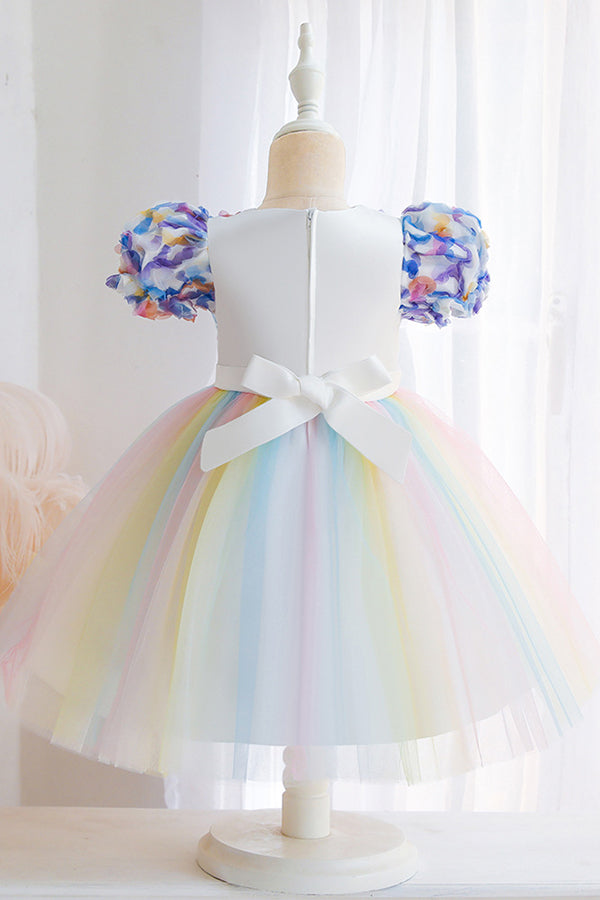 Short Sleeve Ball Gown Flower Girl Dress with Bow Appliques by Scoop