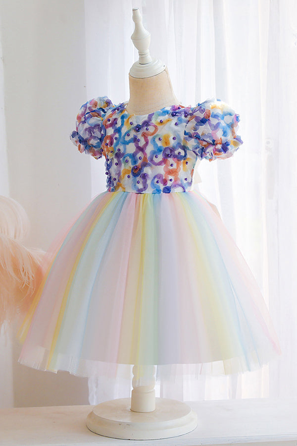 Short Sleeve Ball Gown Flower Girl Dress with Bow Appliques by Scoop