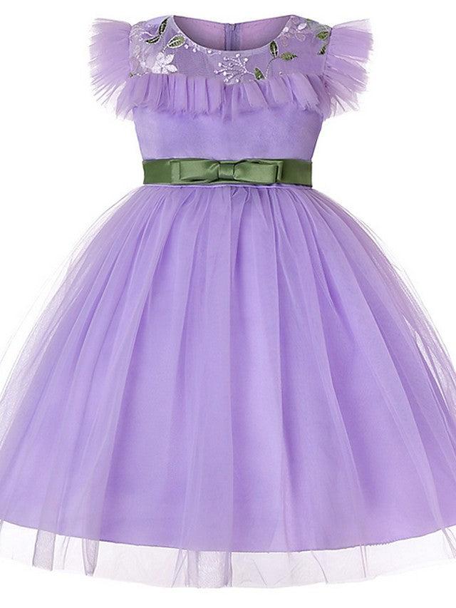 Short Sleeve Jewel Flower Girl Dresses with Tulle Sash