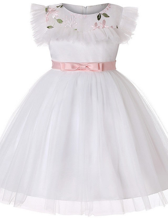 Short Sleeve Jewel Flower Girl Dresses with Tulle Sash