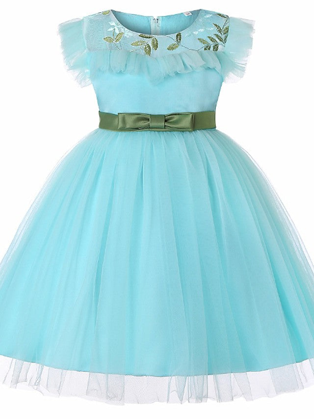 Short Sleeve Jewel Flower Girl Dresses with Tulle Sash
