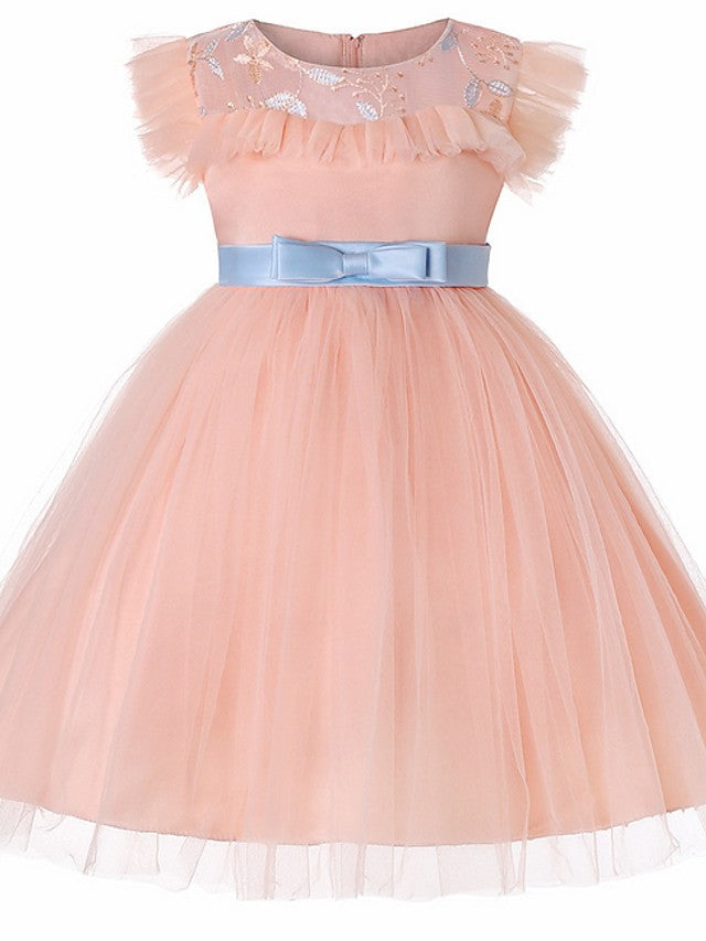 Short Sleeve Jewel Flower Girl Dresses with Tulle Sash