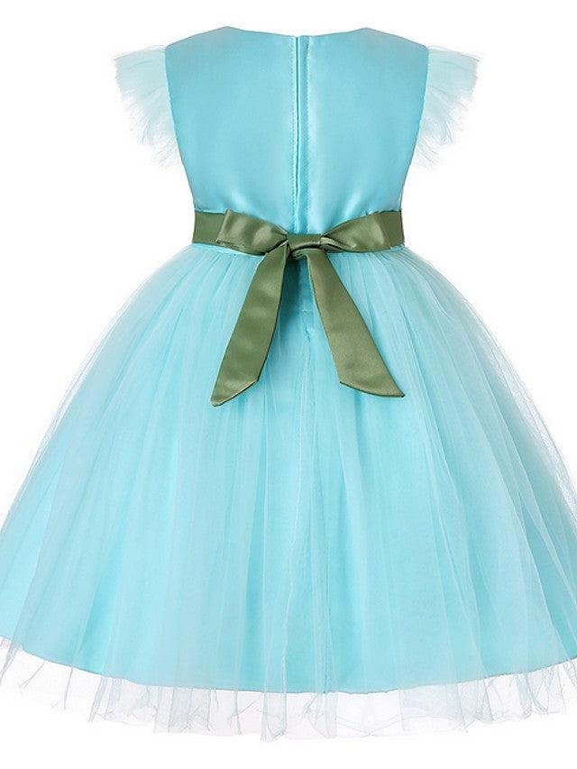 Short Sleeve Jewel Flower Girl Dresses with Tulle Sash