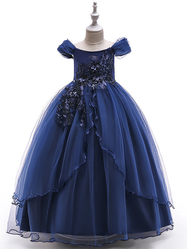 Short Sleeve Off-Shoulder Flower Girl Dress with Lace Embroidery