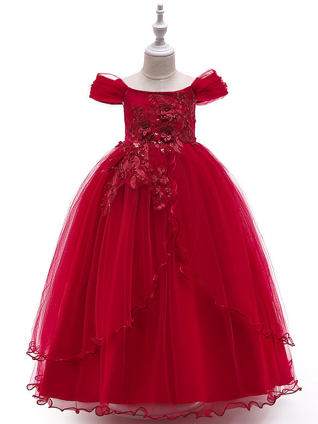 Short Sleeve Off-Shoulder Flower Girl Dress with Lace Embroidery