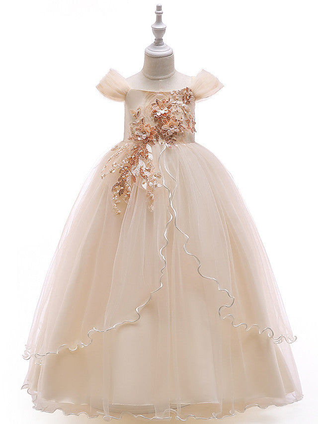 Short Sleeve Off-Shoulder Flower Girl Dress with Lace Embroidery