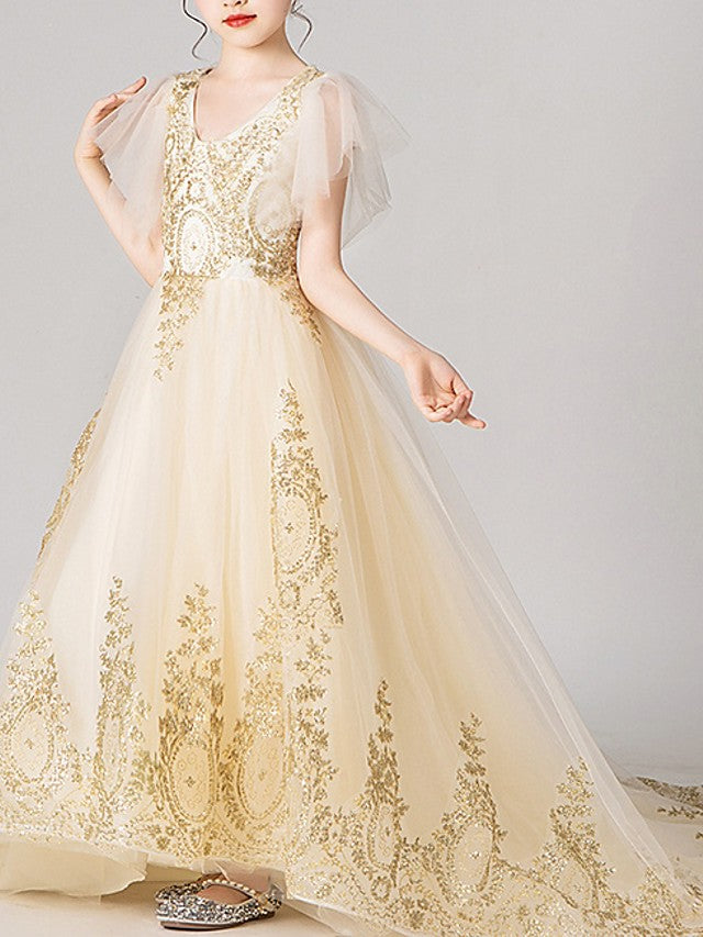 Short Sleeve V Neck Ball Gown with Appliques for Flower Girl Dress