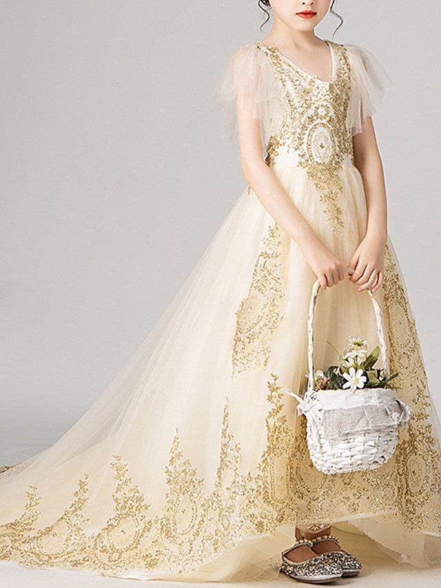 Short Sleeve V Neck Ball Gown with Appliques for Flower Girl Dress