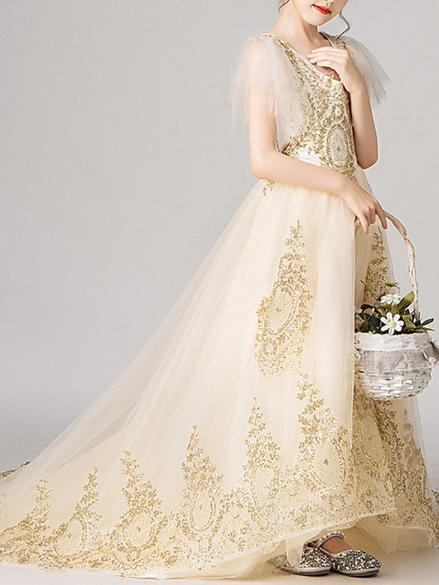 Short Sleeve V Neck Ball Gown with Appliques for Flower Girl Dress