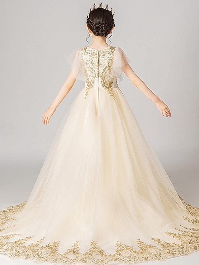 Short Sleeve V Neck Ball Gown with Appliques for Flower Girl Dress