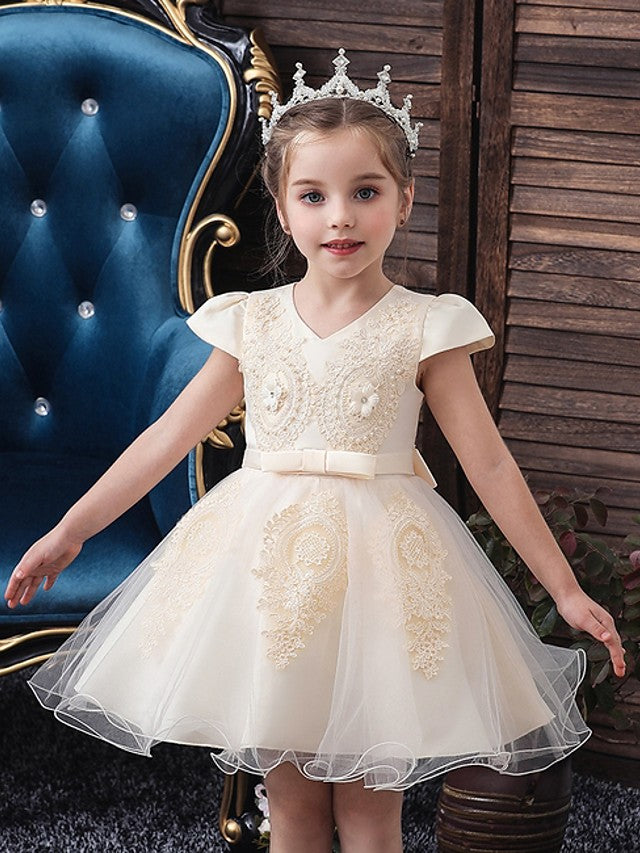 Short Sleeve V Neck Flower Girl Dresses with Tulle Sash Ribbon and Bow Appliques