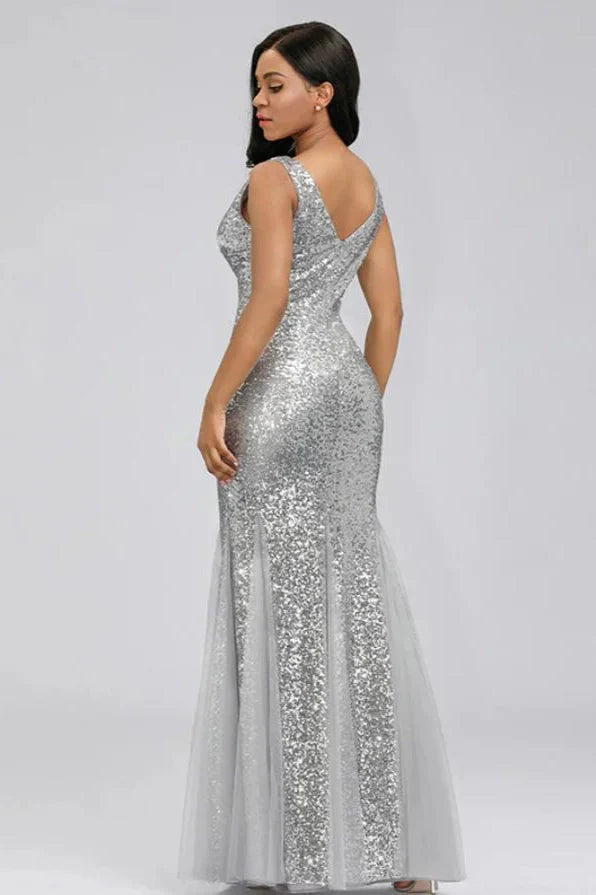 Silver V-Neck Sequins Mermaid Prom Dress Long Evening Party Gowns