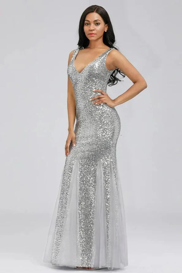 Silver V-Neck Sequins Mermaid Prom Dress Long Evening Party Gowns