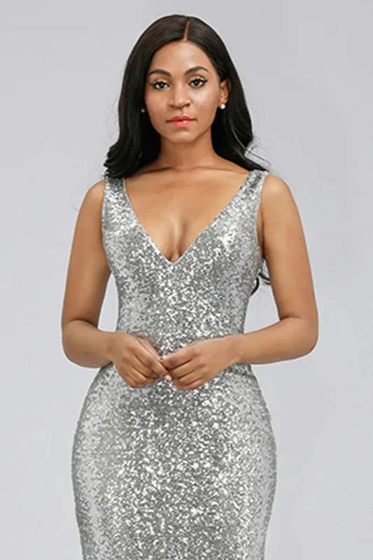 Silver V-Neck Sequins Mermaid Prom Dress Long Evening Party Gowns