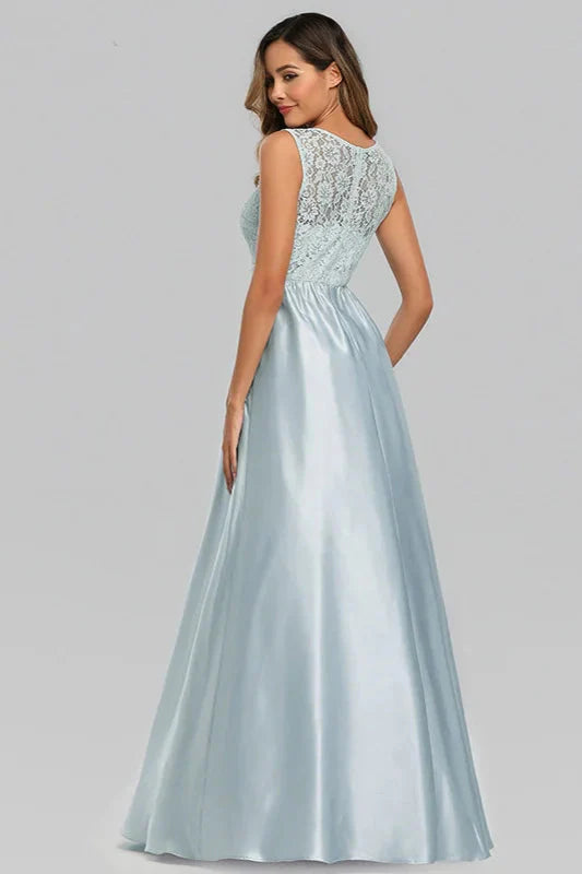 Sky Blue Sleeveless Lace Evening Gowns Long Prom Dress Online