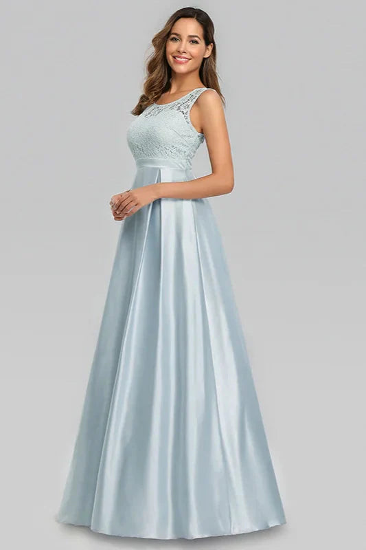 Sky Blue Sleeveless Lace Evening Gowns Long Prom Dress Online