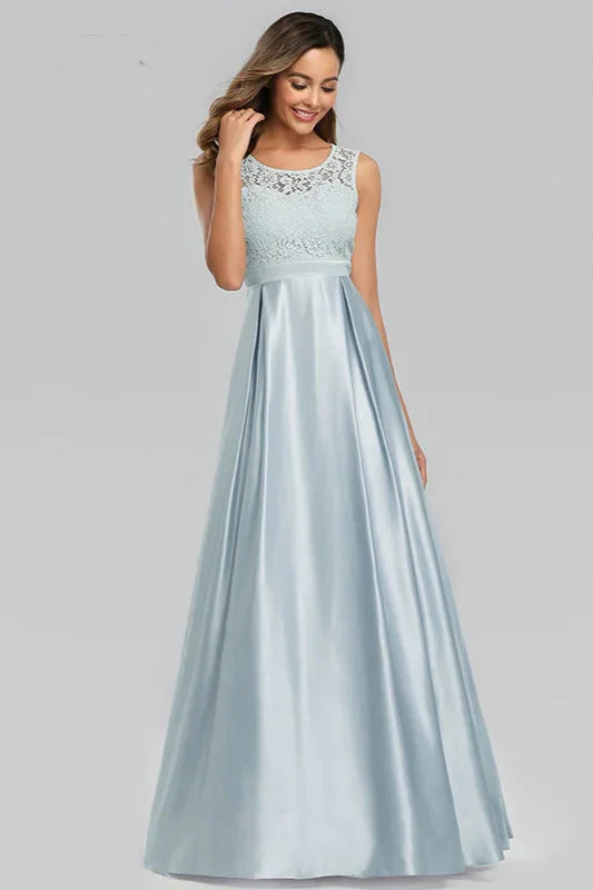 Sky Blue Sleeveless Lace Evening Gowns Long Prom Dress Online
