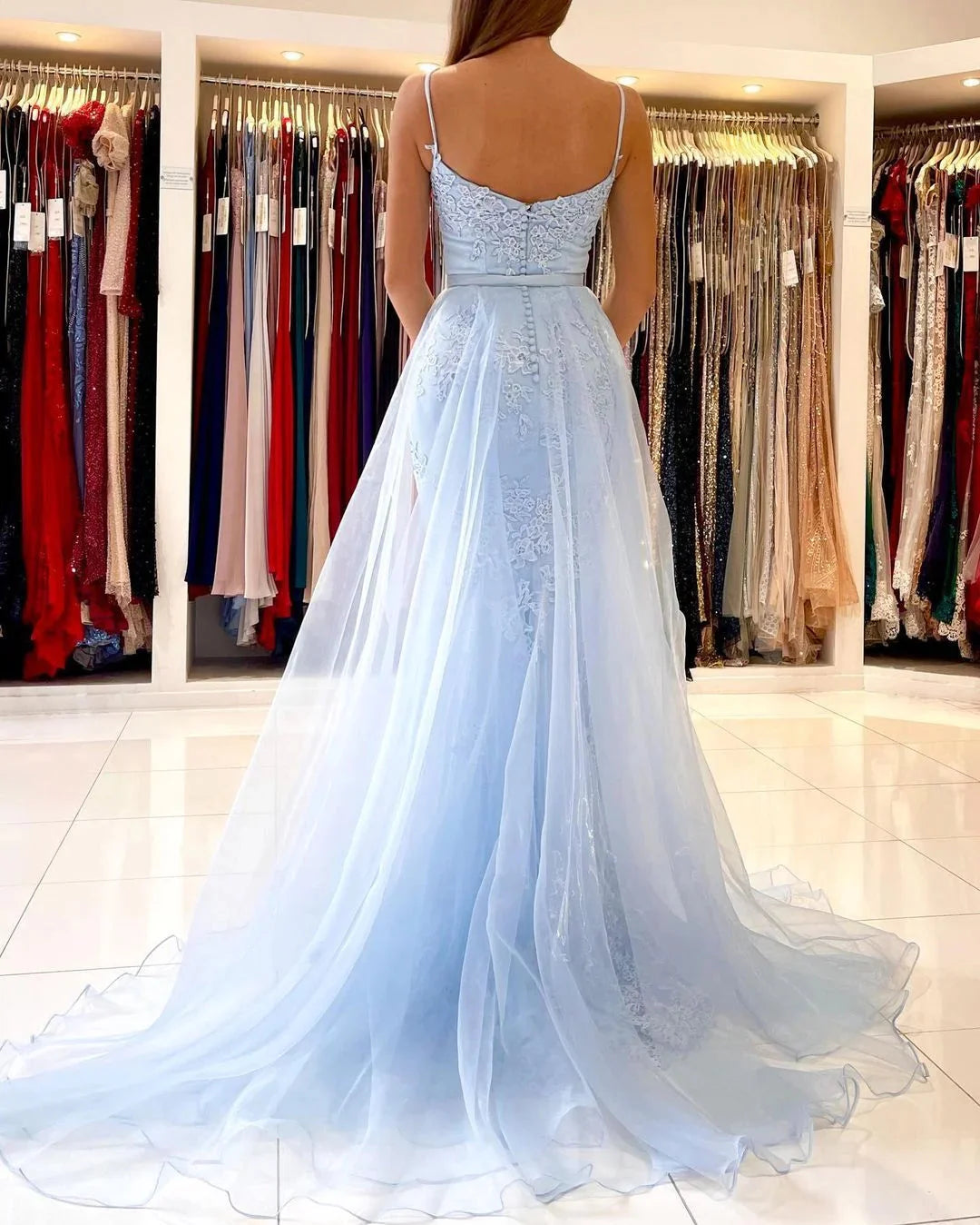 Sky Elegant Spaghetti-Straps Lace Evening Party Gowns Mermaid Long Evening Gowns