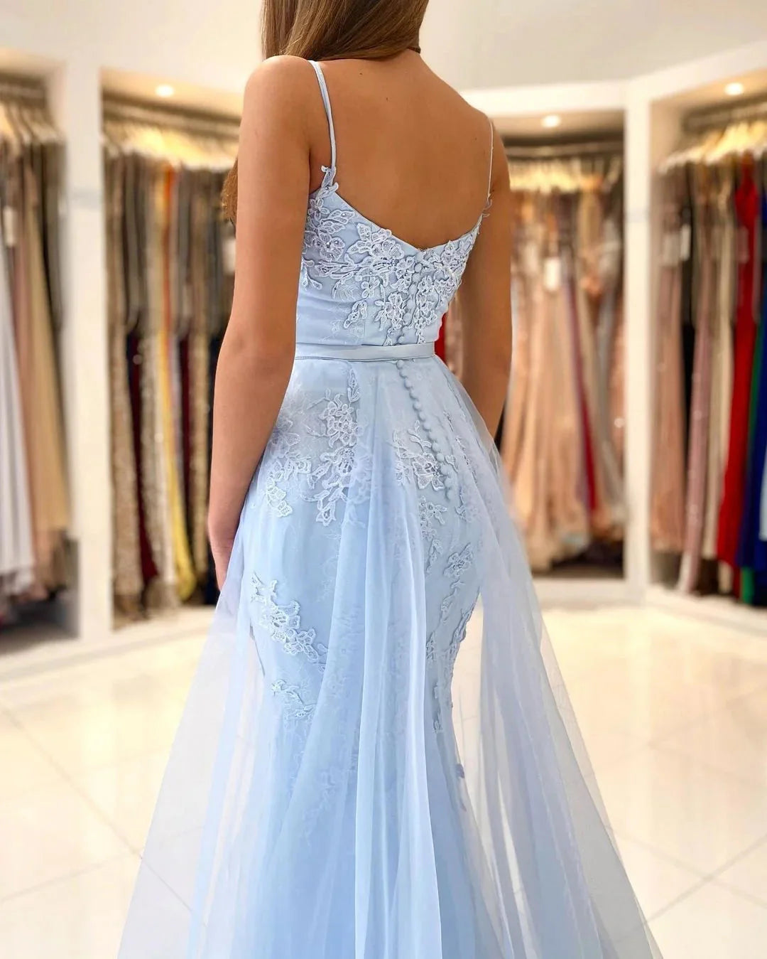 Sky Elegant Spaghetti-Straps Lace Evening Party Gowns Mermaid Long Evening Gowns