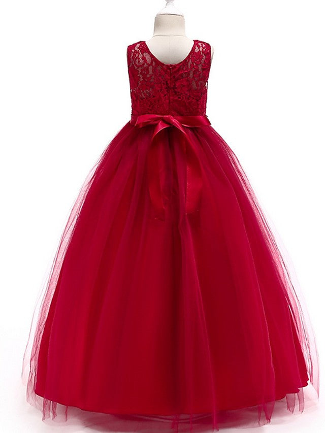 Sleeveless A-Line Round Floor Length Flower Girl Dress with Lace