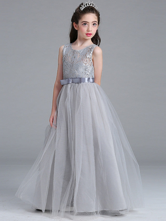 Sleeveless A-Line Round Floor Length Flower Girl Dress with Lace