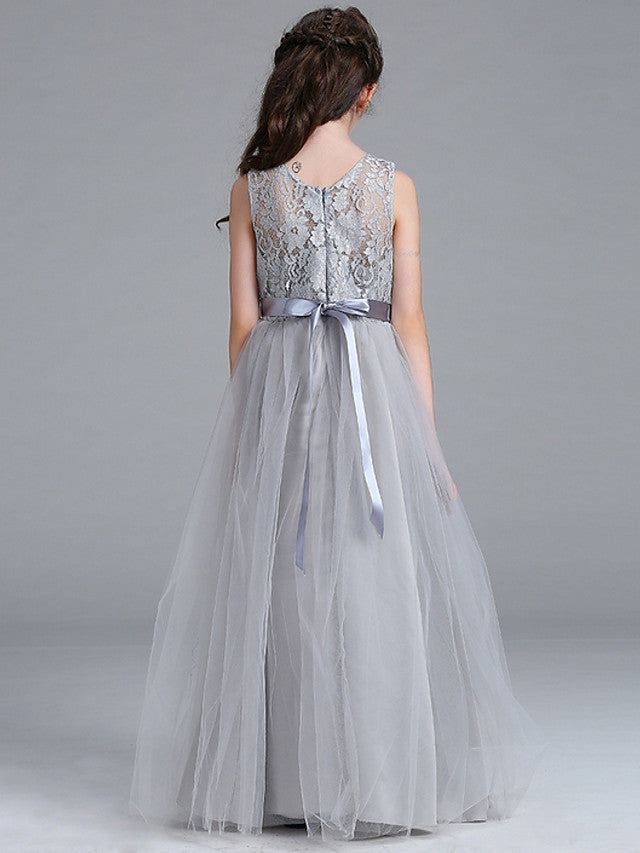 Sleeveless A-Line Round Floor Length Flower Girl Dress with Lace