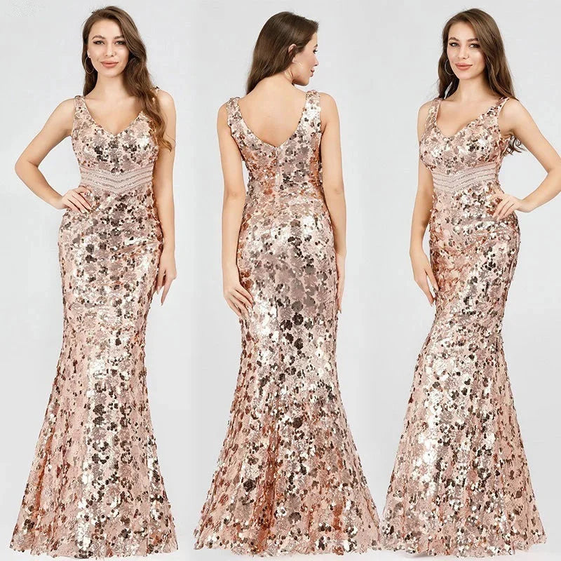 Sparkle Gold Sequins Prom Dress Long Mermaid Evening Party Gowns
