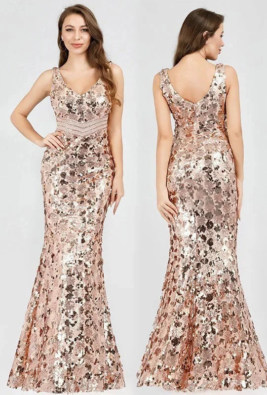 Sparkle Gold Sequins Prom Dress Long Mermaid Evening Party Gowns