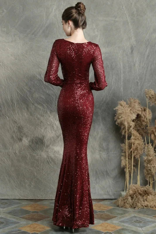 Stunning Long Sleeve Sequins Prom Dress Mermaid Evening Party Gowns