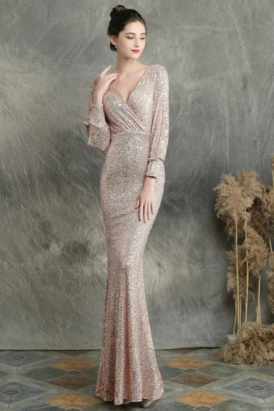 Stunning Long Sleeve Sequins Prom Dress Mermaid Evening Party Gowns
