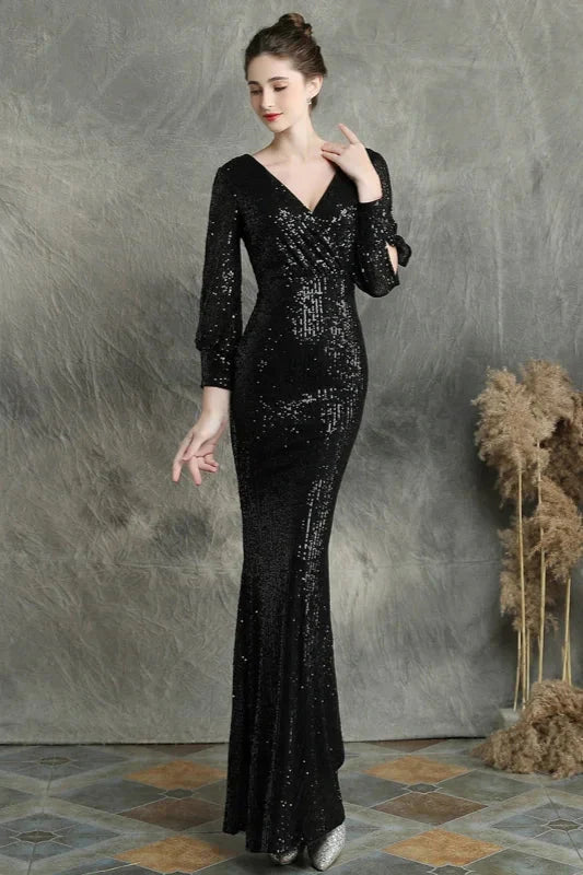 Stunning Long Sleeve Sequins Prom Dress Mermaid Evening Party Gowns