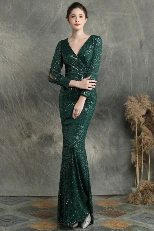 Stunning Long Sleeve Sequins Prom Dress Mermaid Evening Party Gowns