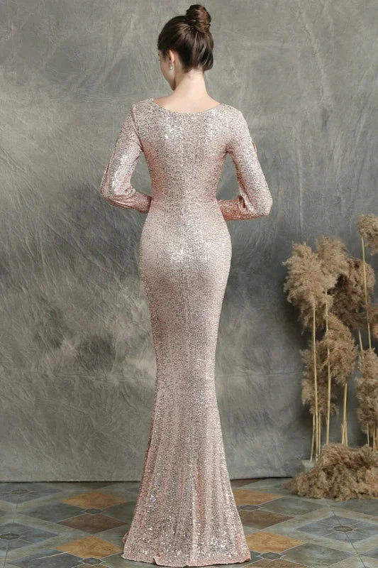 Stunning Long Sleeve Sequins Prom Dress Mermaid Evening Party Gowns