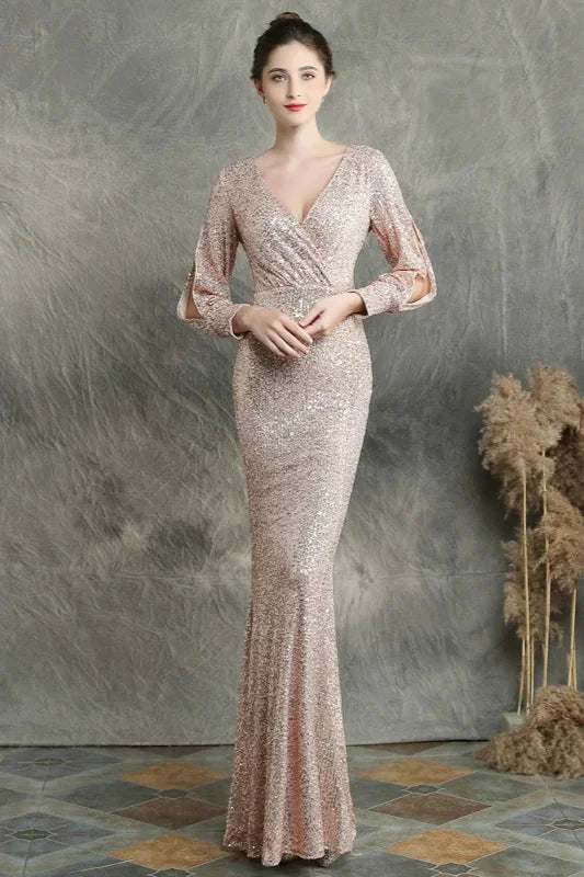 Stunning Long Sleeve Sequins Prom Dress Mermaid Evening Party Gowns