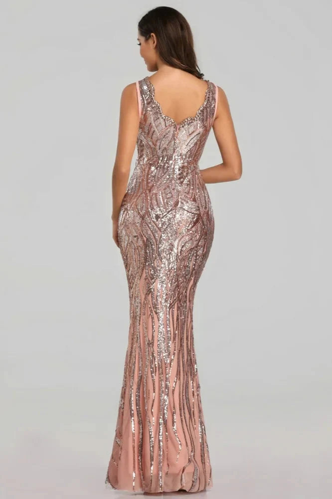 Stunning Sequins Long Evening Dress V-neck Mermaid Prom Dresses With Beadings