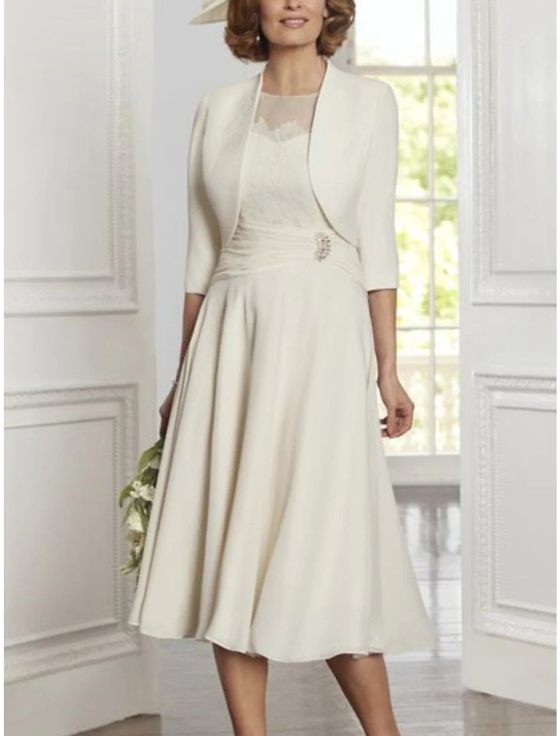 Two Piece A-Line Mother of the Bride Dress Elegant Party Scoop Neck Tea Length Lace Chiffon 3/4 Length Sleeve with Pleats Crystals