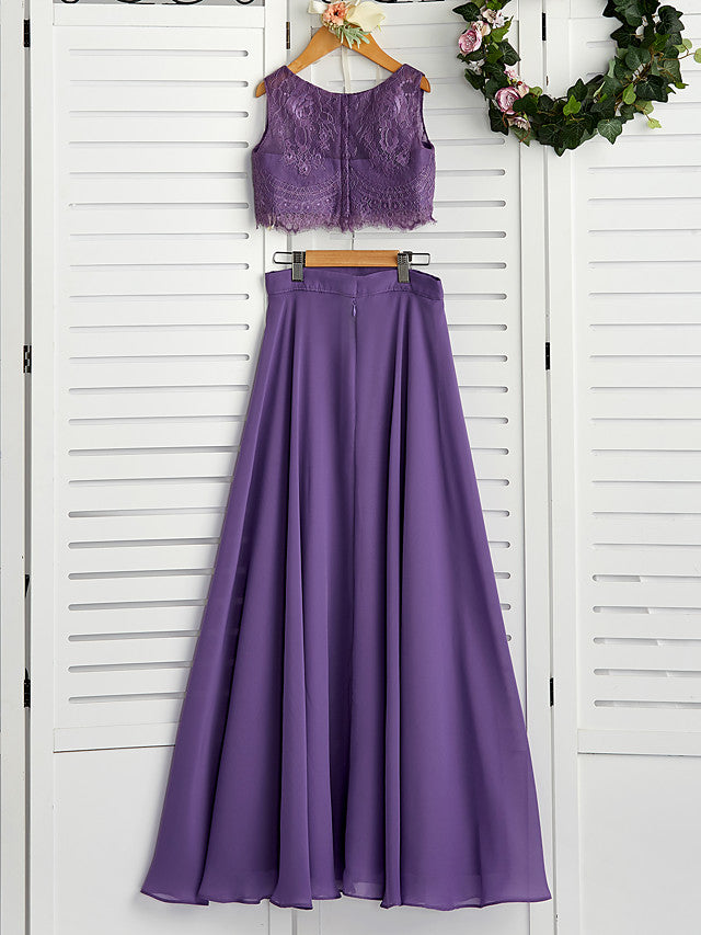 Two Piece A-Line Maxi Chiffon Lace Flower Girl Dress with Pleats