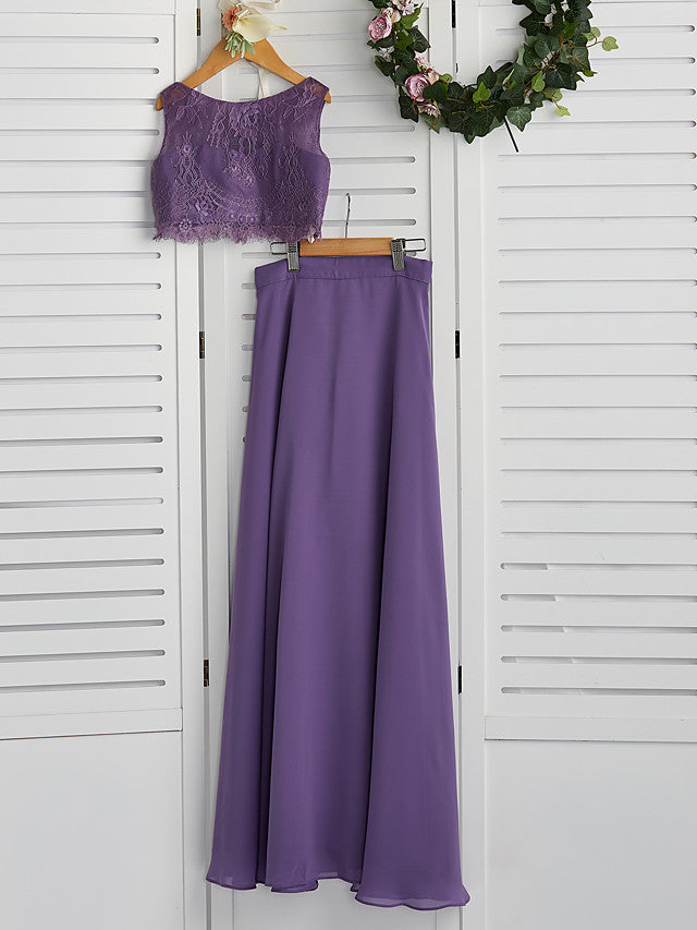 Two Piece A-Line Maxi Chiffon Lace Flower Girl Dress with Pleats