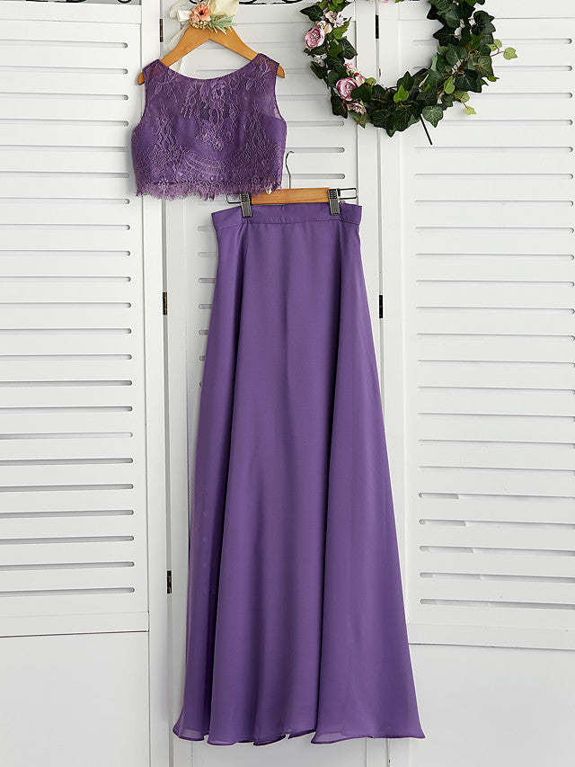 Two Piece A-Line Maxi Chiffon Lace Flower Girl Dress with Pleats