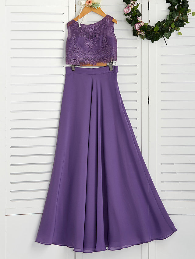 Two Piece A-Line Maxi Chiffon Lace Flower Girl Dress with Pleats