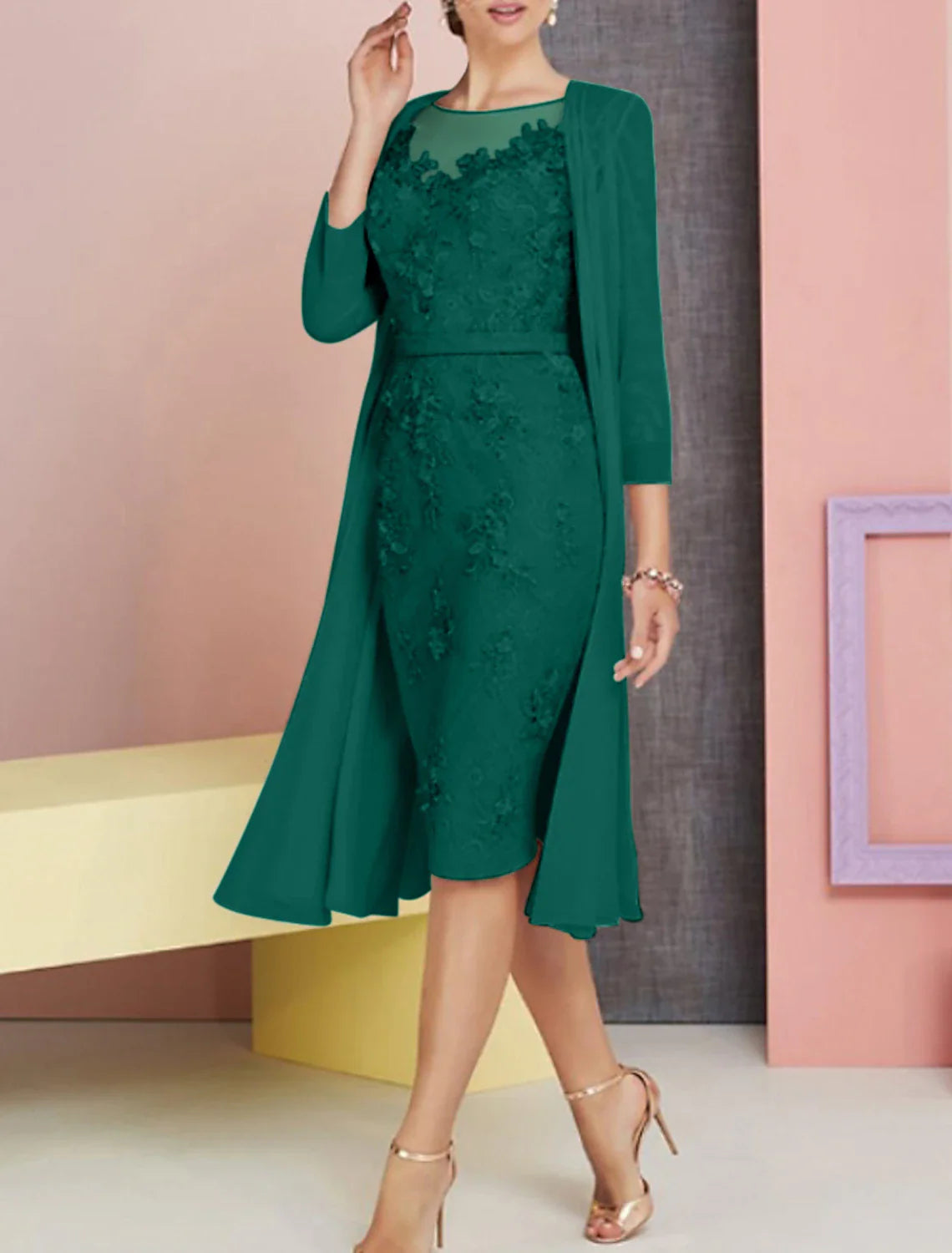 Two Piece Sheath / Column Mother of the Bride Dress Wedding Guest Church Elegant Vintage Plus Size Bateau Neck Knee Length Chiffon Lace 3/4 Length Sleeve Jacket Dresses with Appliques