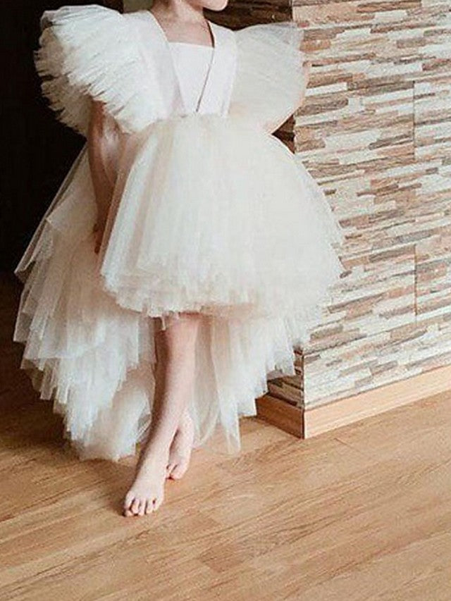 V Neck Ball Gown Knee Length Flower Girl Dress with Tulle and Tier Appliques