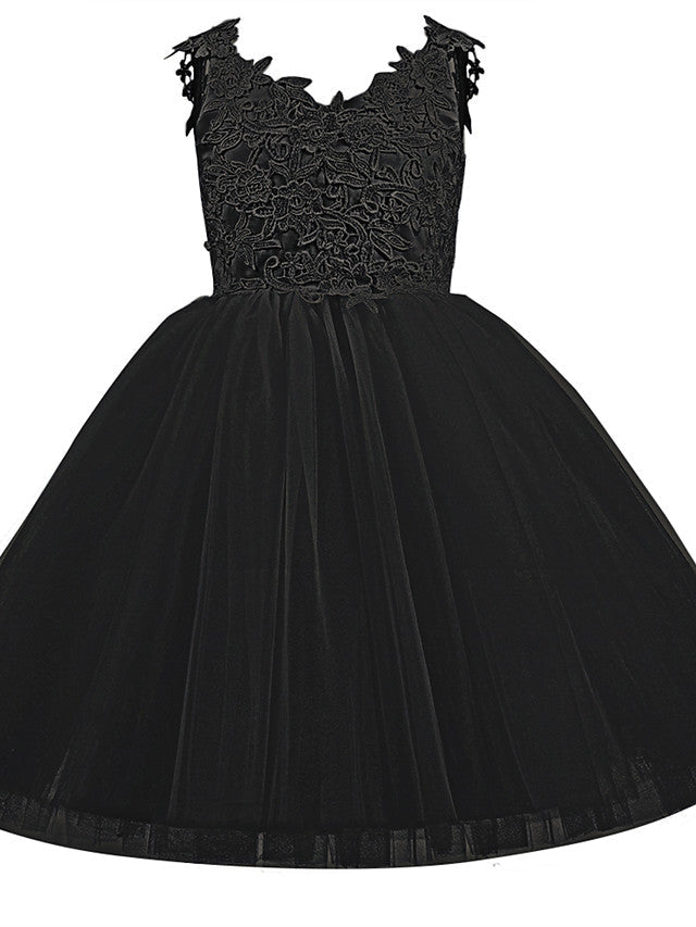 V Neck Short Length Flower Girl Dress with Bow Appliques in Taffeta Tulle