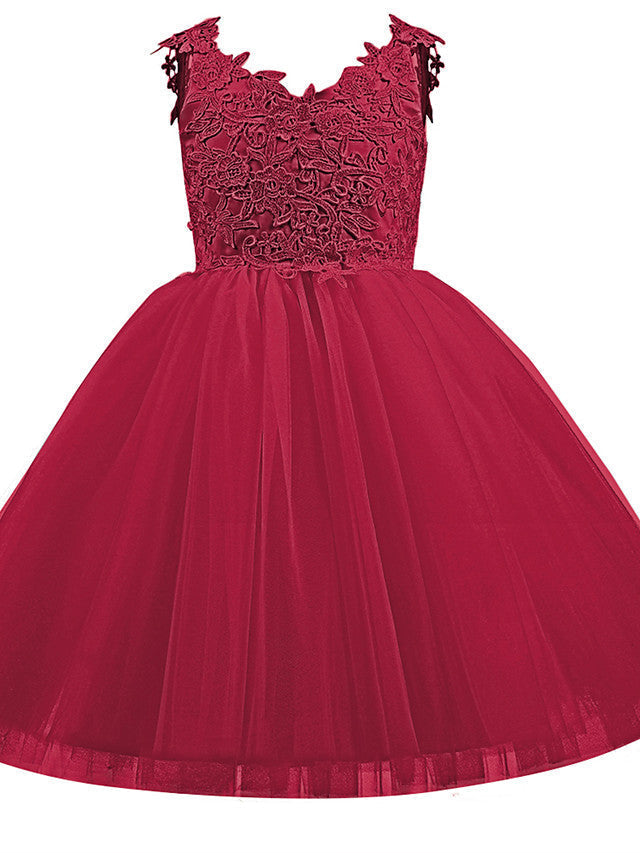 V Neck Short Length Flower Girl Dress with Bow Appliques in Taffeta Tulle