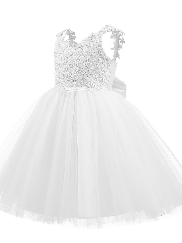 V Neck Short Length Flower Girl Dress with Bow Appliques in Taffeta Tulle