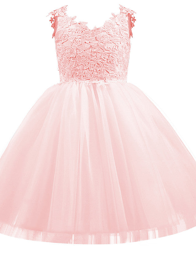 V Neck Short Length Flower Girl Dress with Bow Appliques in Taffeta Tulle