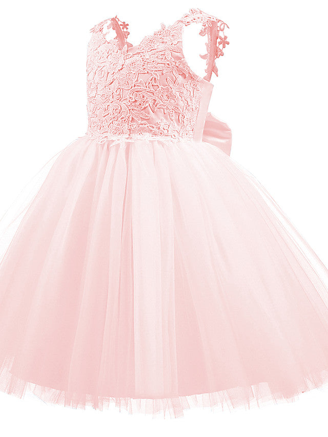 V Neck Short Length Flower Girl Dress with Bow Appliques in Taffeta Tulle