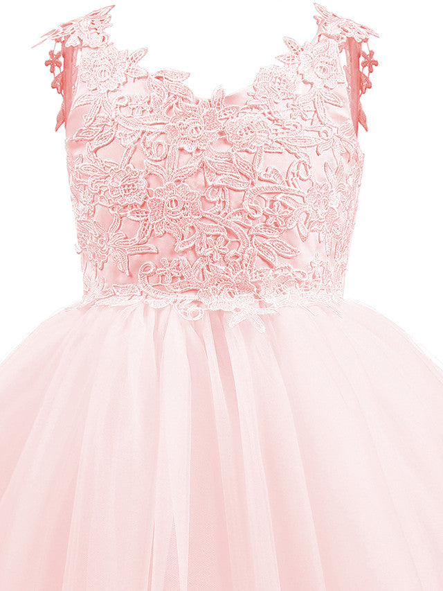 V Neck Short Length Flower Girl Dress with Bow Appliques in Taffeta Tulle